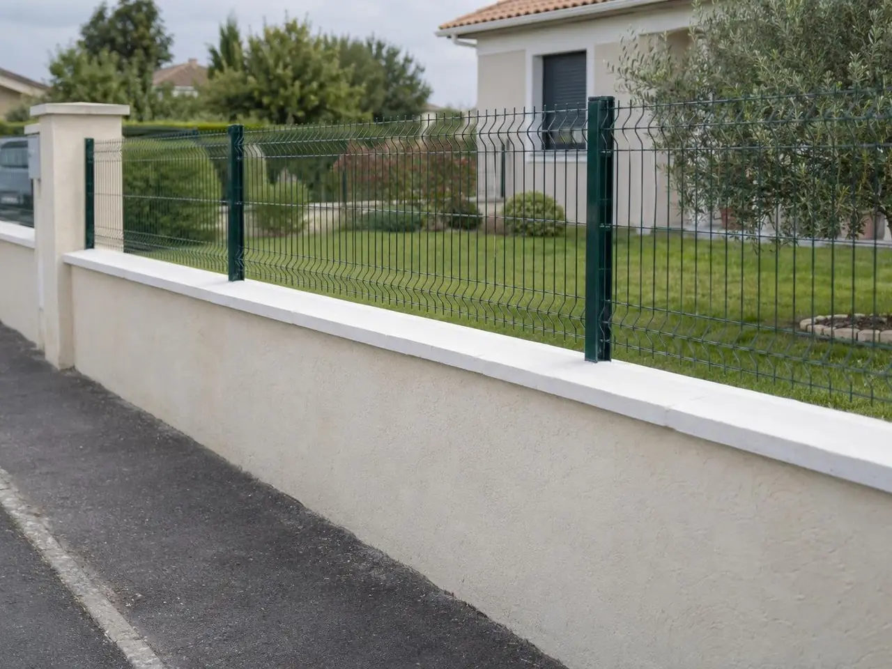 Muret de clôture enduit beige clair coiffé d’un chaperon blanc, grillage rigide vert foncé, le long d’un trottoir