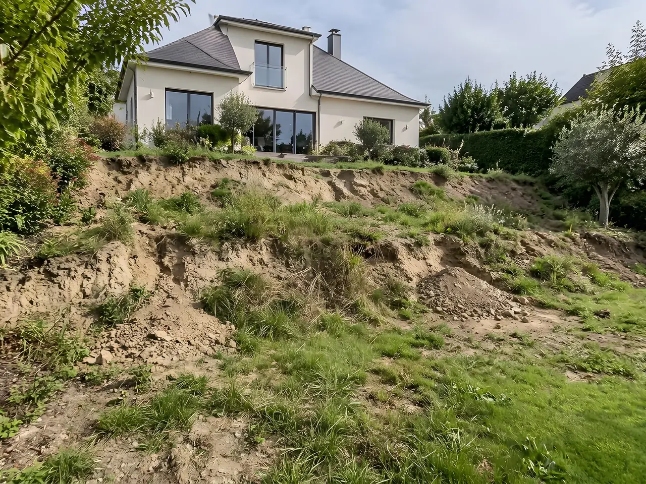 Talus de terre raviné et herbes folles au pied d’une maison enduite, avant le mur de soutènement
