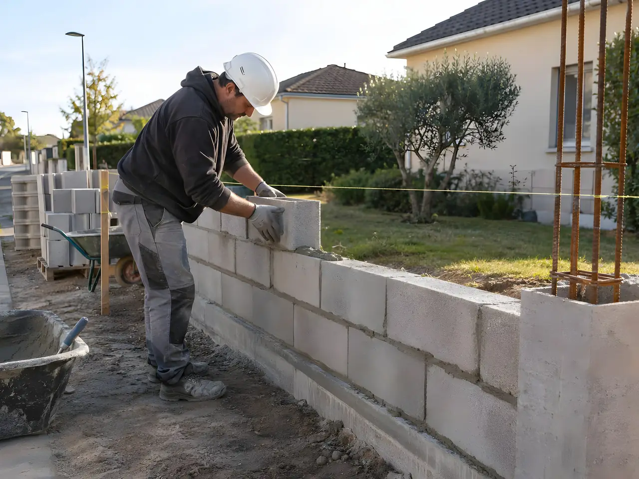 Maçon casqué qui pose des parpaings sur la semelle d’un mur de clôture, le long d’une rue de lotissement