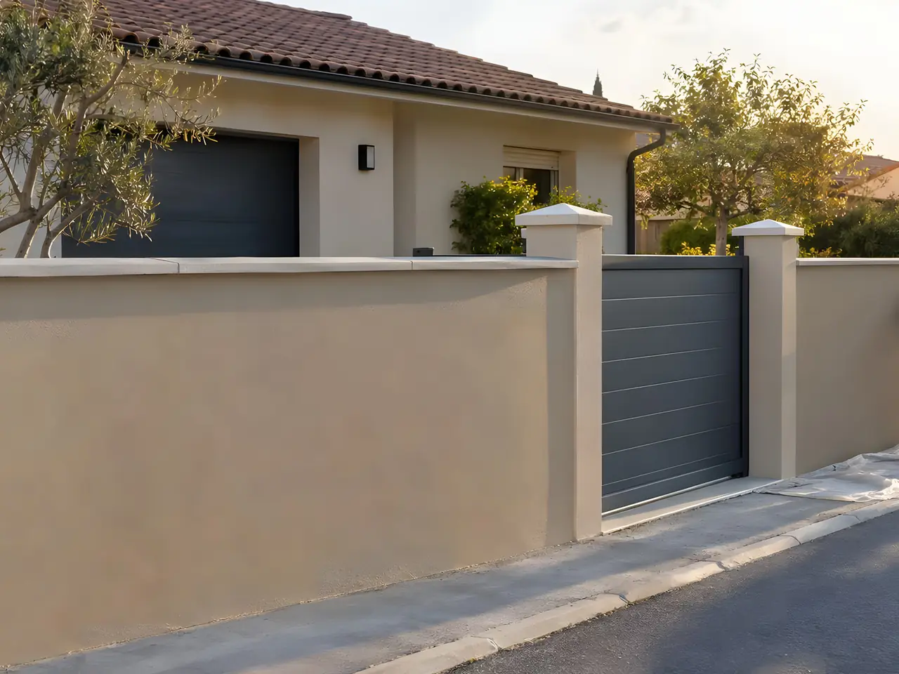 Mur de clôture enduit beige à piliers et portail coulissant gris, qu’un artisan finit au bord de la rue