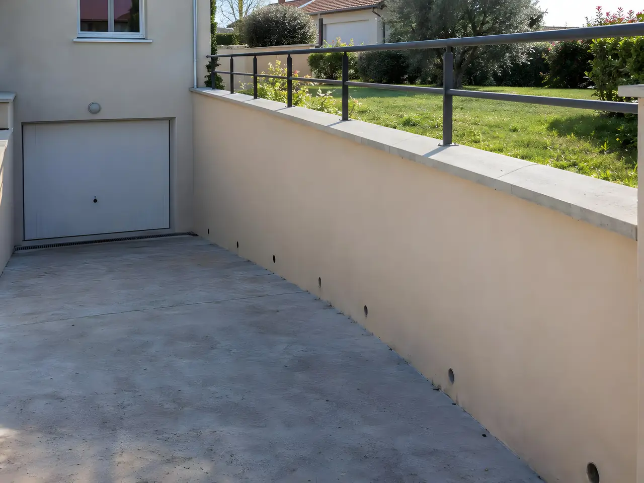 Descente de garage en béton bordée d’un mur de soutènement enduit, chaperon et garde-corps en métal gris au-dessus
