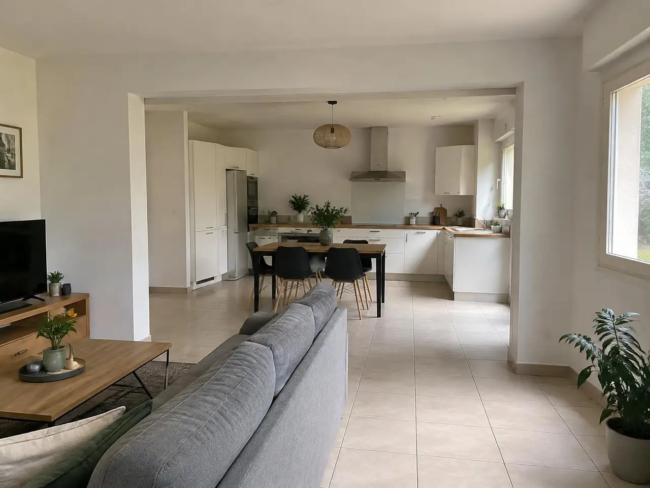 Séjour ouvert en grand sur la cuisine sous une poutre peinte en blanc, même carrelage beige d’une pièce à l’autre