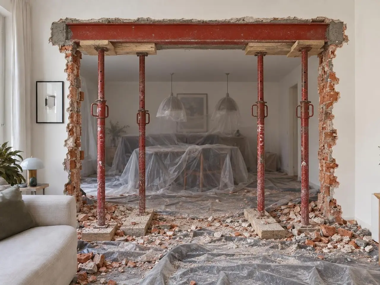 Mur porteur ouvert en plein chantier, poutre rouge sur étais métalliques, gravats et bâches sur le parquet