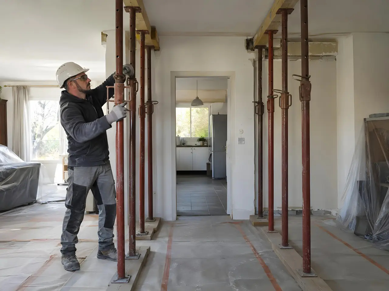 Maçon casqué qui serre un étai sous un bastaing du plafond, rangées d’étais de part et d’autre d’une porte