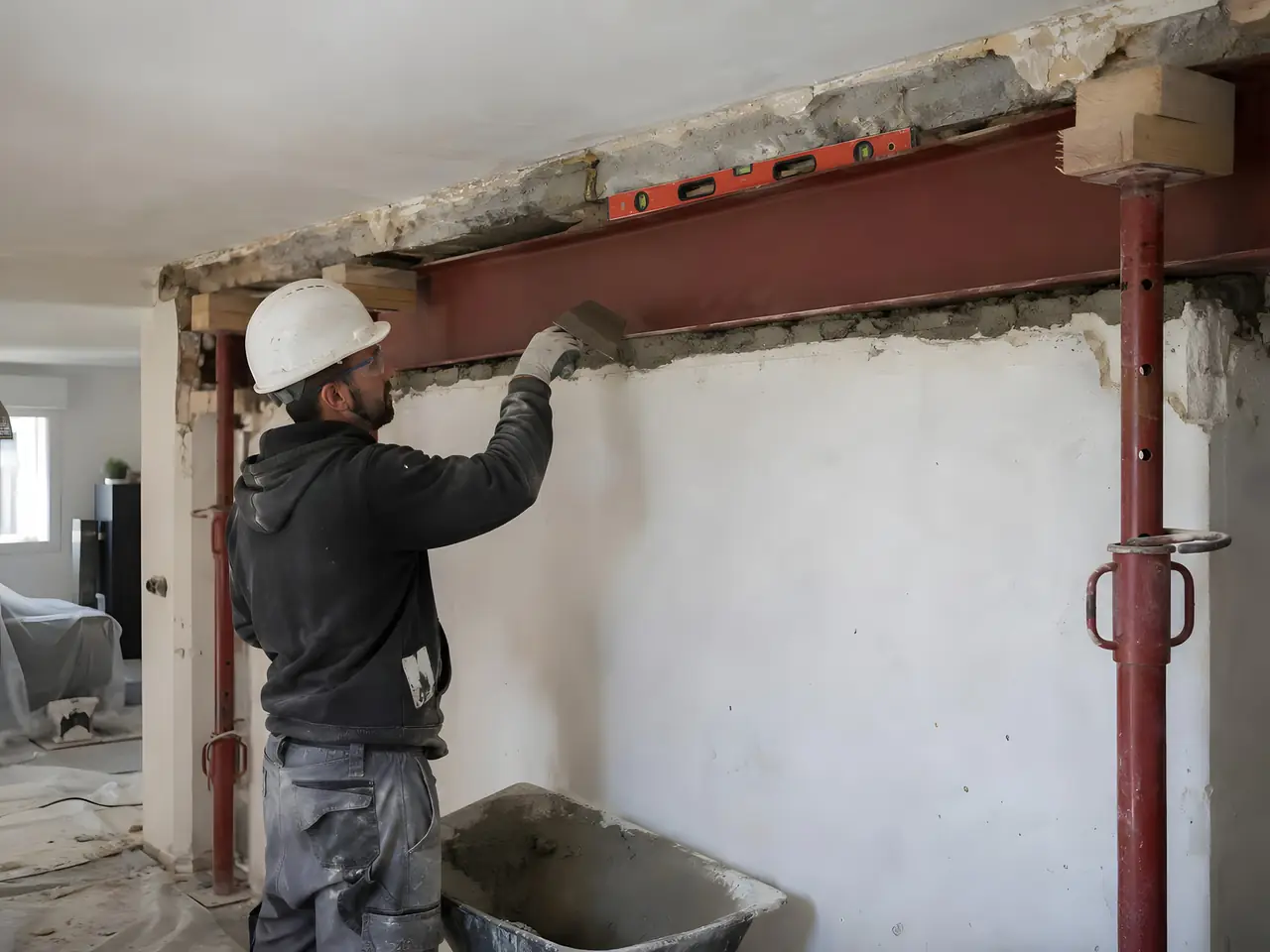 Maçon casqué qui bourre au mortier le dessus d’une poutre métallique rouge posée dans un mur, soutenue par des étais