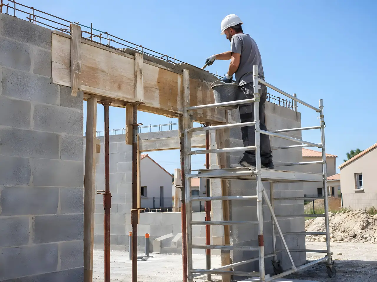 Maçon casqué sur un échafaudage roulant qui coule le béton d’un linteau coffré en planches et soutenu par des étais