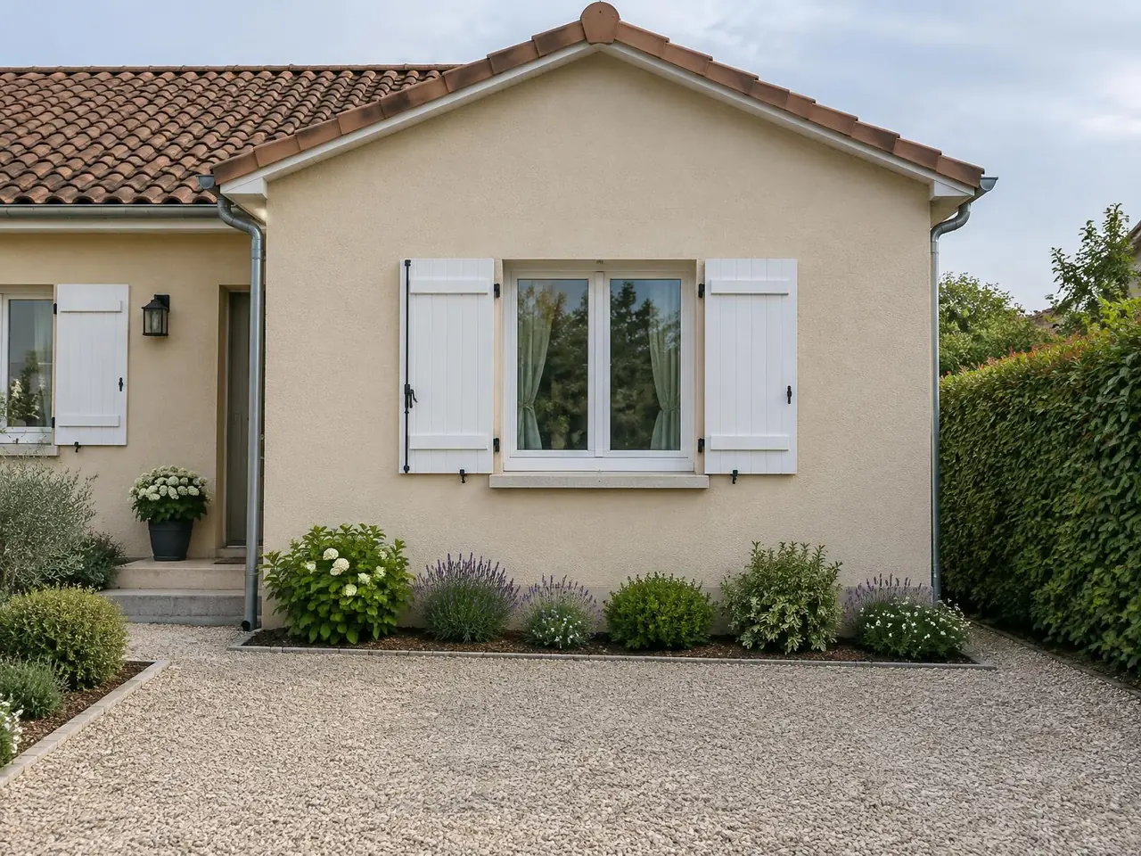 Ancien garage d’un pavillon, porte murée et enduite comme la maison, fenêtre à volets blancs posée au milieu