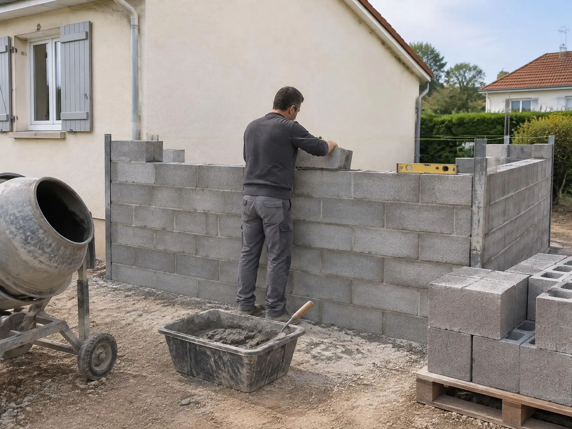 Maçon montant un mur en parpaings contre le pignon d'un pavillon, cordeau tendu et niveau jaune sur le rang