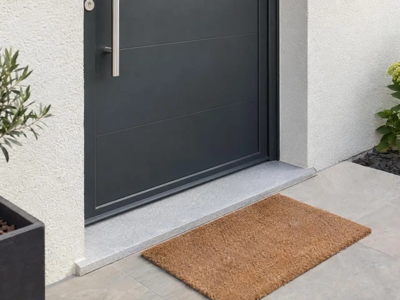 Bas d’une porte d’entrée gris anthracite sur un seuil neuf en pierre gris clair aux arêtes nettes, paillasson en coco
