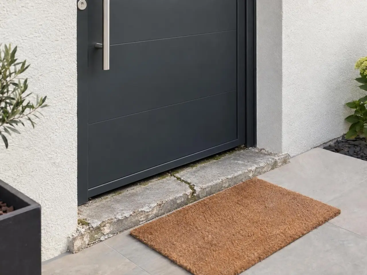 Bas d’une porte d’entrée gris anthracite sur un vieux seuil en béton fendu, écorné et moussu, paillasson en coco