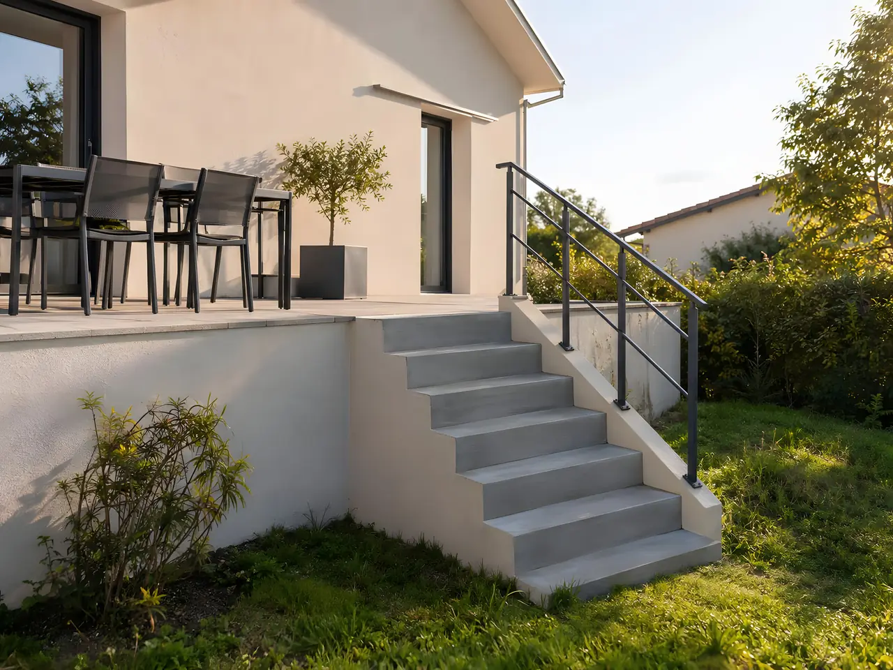 Escalier extérieur en béton neuf aux marches régulières, rampe en métal gris, qui descend d’une terrasse vers la pelouse