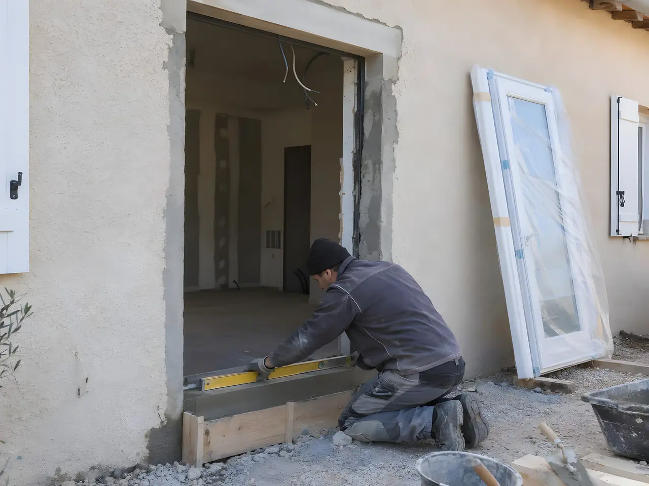 Maçon à genoux qui vérifie au niveau le seuil d’une porte-fenêtre agrandie, menuiserie neuve posée contre le mur