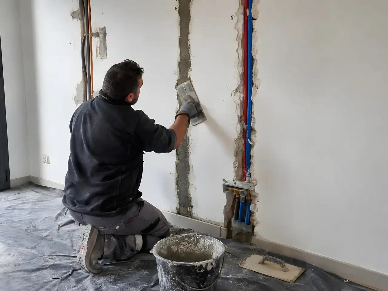 Maçon à genoux qui rebouche au mortier les saignées d’un mur blanc, gaines et tuyaux rouge et bleu encore apparents