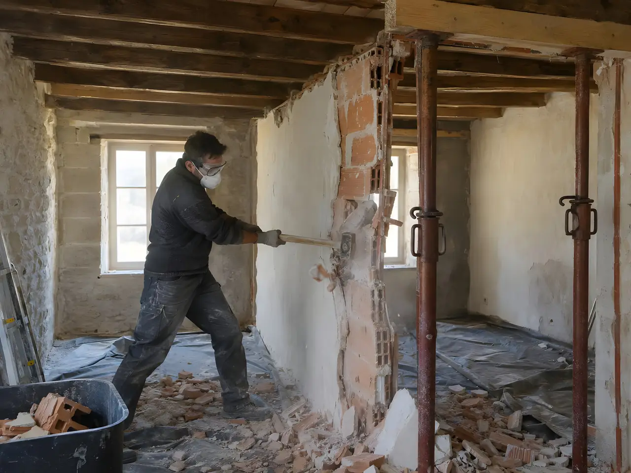 Maçon masqué et lunetté qui abat à la masse une cloison en briques sous un plancher soutenu par des étais