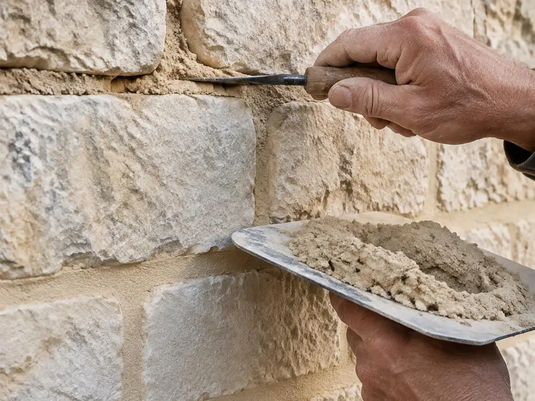 Mains d’un maçon garnissant au fer les joints d’un mur en pierre calcaire, mortier de chaux sur la taloche