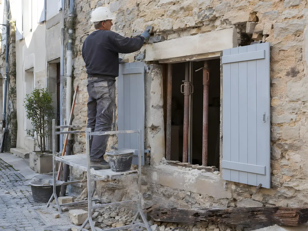 Maçon casqué sur un échafaudage qui scelle un linteau neuf en pierre au-dessus d’une fenêtre étayée, façade en moellons