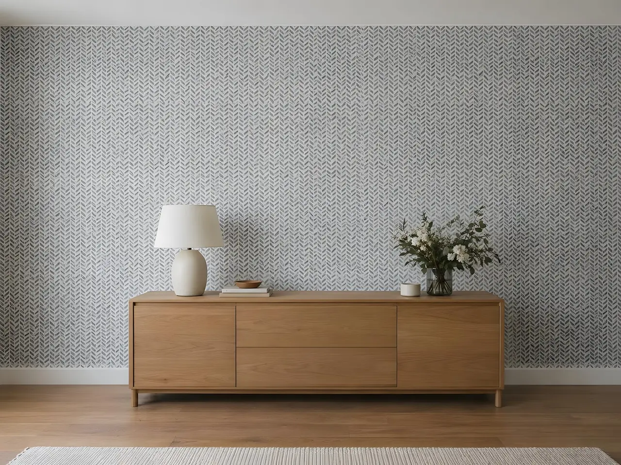 Papier peint intissé à motif chevron gris sur fond blanc derrière un buffet bas en bois, une lampe blanche dessus