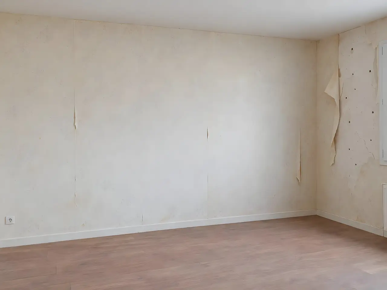 Mur de chambre au vieux papier peint jauni et décollé par endroits, lambeaux qui pendent dans l’angle
