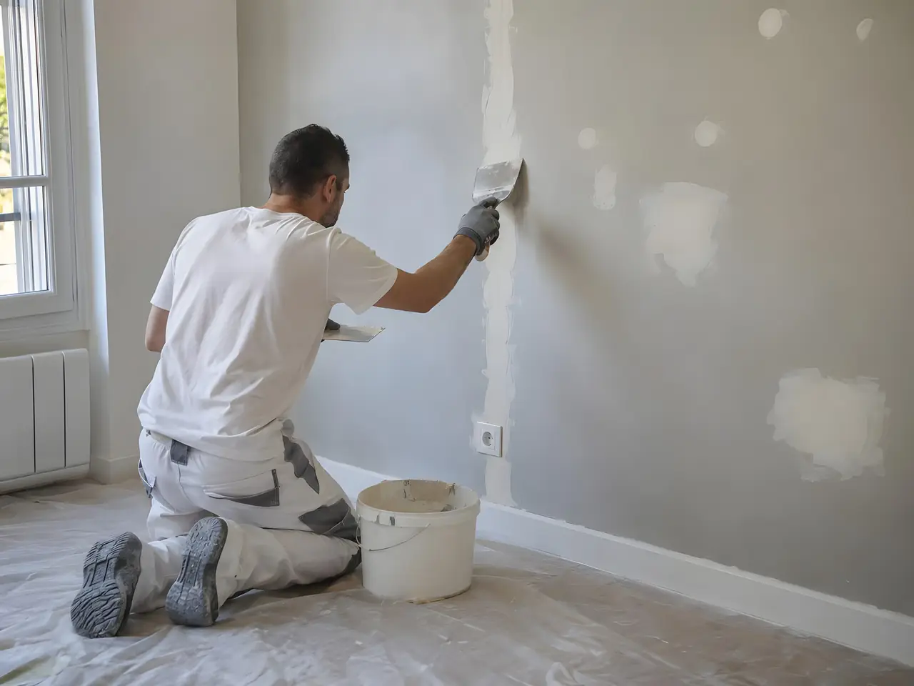 Peintre à genoux qui rebouche à l’enduit, au couteau, une saignée verticale et des trous sur un mur gris