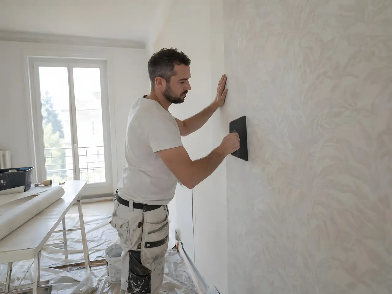 Peintre qui lisse à la spatule une bande de papier peint clair à motif de feuillages sur le mur d’une chambre