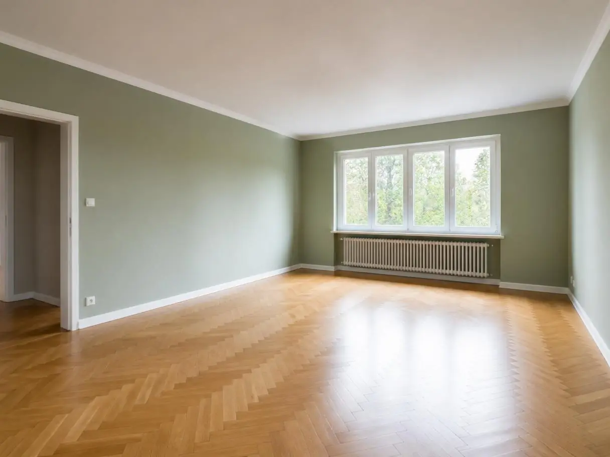 Pièce vide aux murs repeints en vert sauge, plinthes blanches, radiateur sous la fenêtre et parquet en chevrons