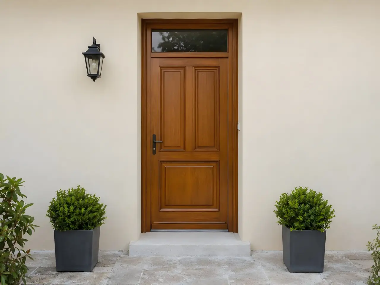 Porte d’entrée en bois verni dans une façade lisse peinte ton sable, applique noire, marche en pierre, deux buis