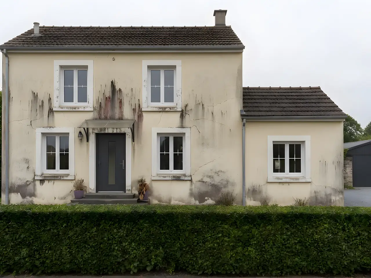 Maison à étage à l’enduit crème marqué de longues coulures sombres sous les fenêtres, avant les travaux