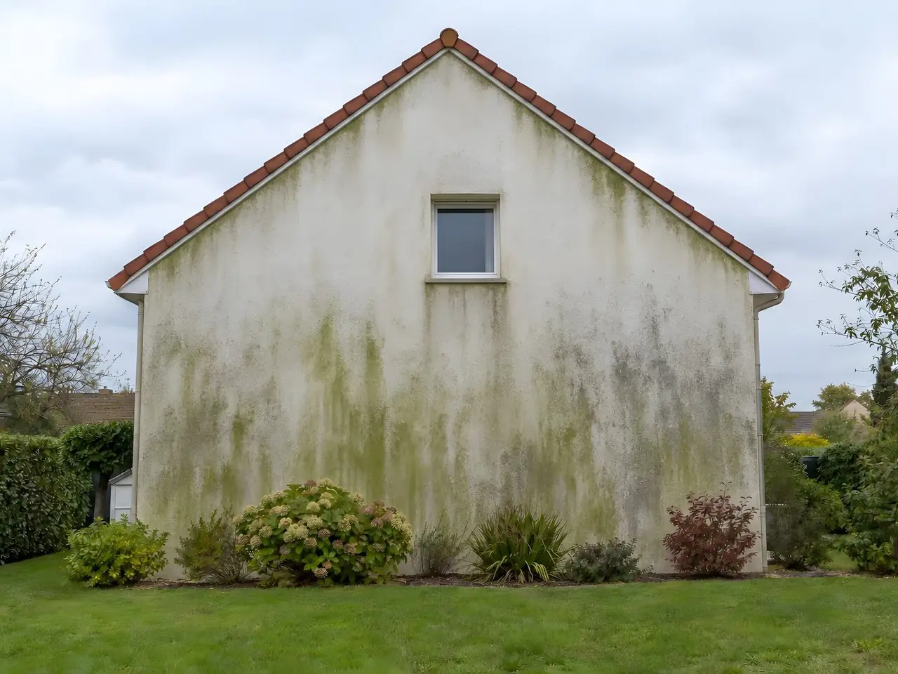 Pignon d’un pavillon sous un toit de tuiles rouges, enduit couvert de coulures vertes et grises d’algues