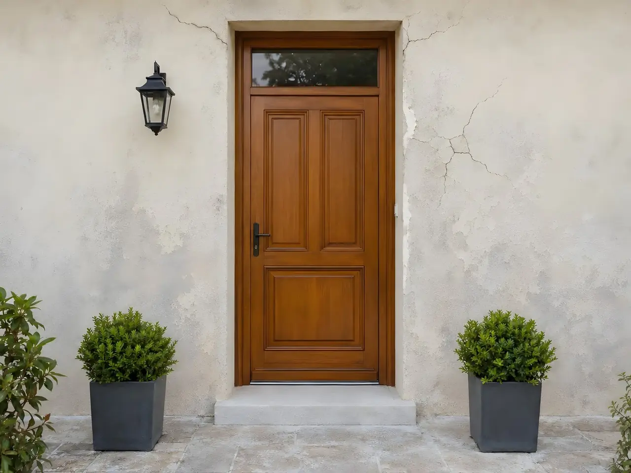 Porte d’entrée en bois verni entourée d’un enduit farineux fissuré en biais au-dessus et en étoile sur la droite