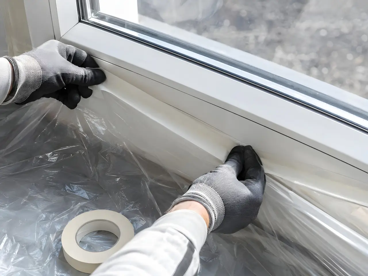 Mains gantées qui tendent un film plastique et le fixent au ruban de masquage tout autour de l’appui d’une fenêtre