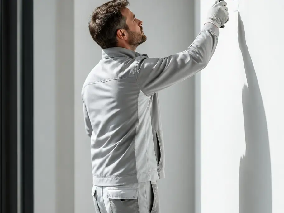 Peintre en tenue de travail grise passant le rouleau en haut d’un mur blanc éclairé par le soleil