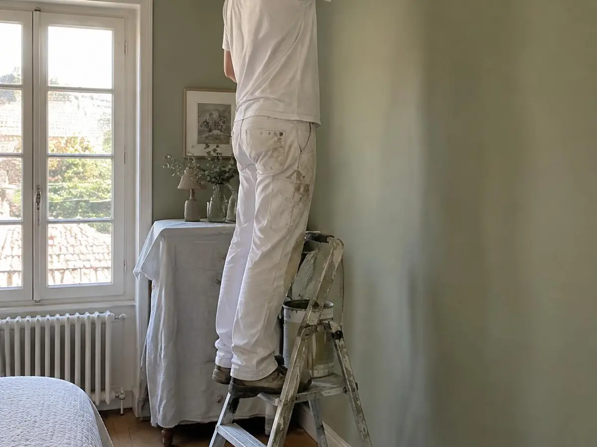 Peintre sur un escabeau découpant au pinceau le haut d’un mur vert sauge, dans une chambre au sol bâché