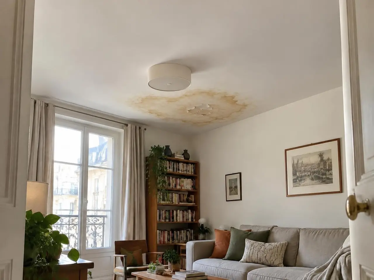Plafond de séjour marqué d’une grande auréole jaune aux bords bruns, peinture cloquée au centre