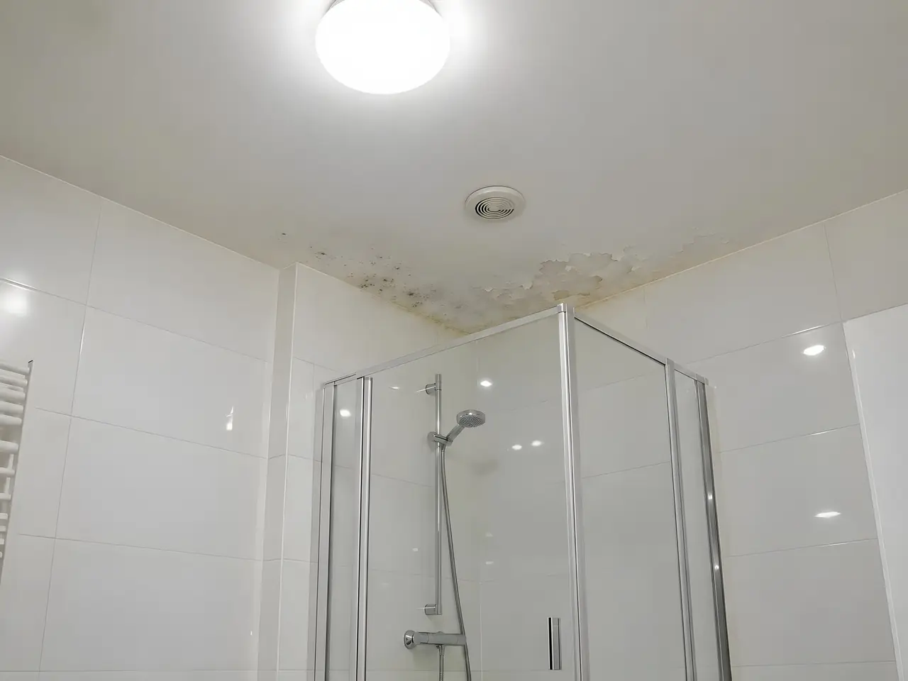 Plafond de salle de bains au-dessus d’une douche vitrée, angle piqué de moisissures noires, peinture qui s’écaille