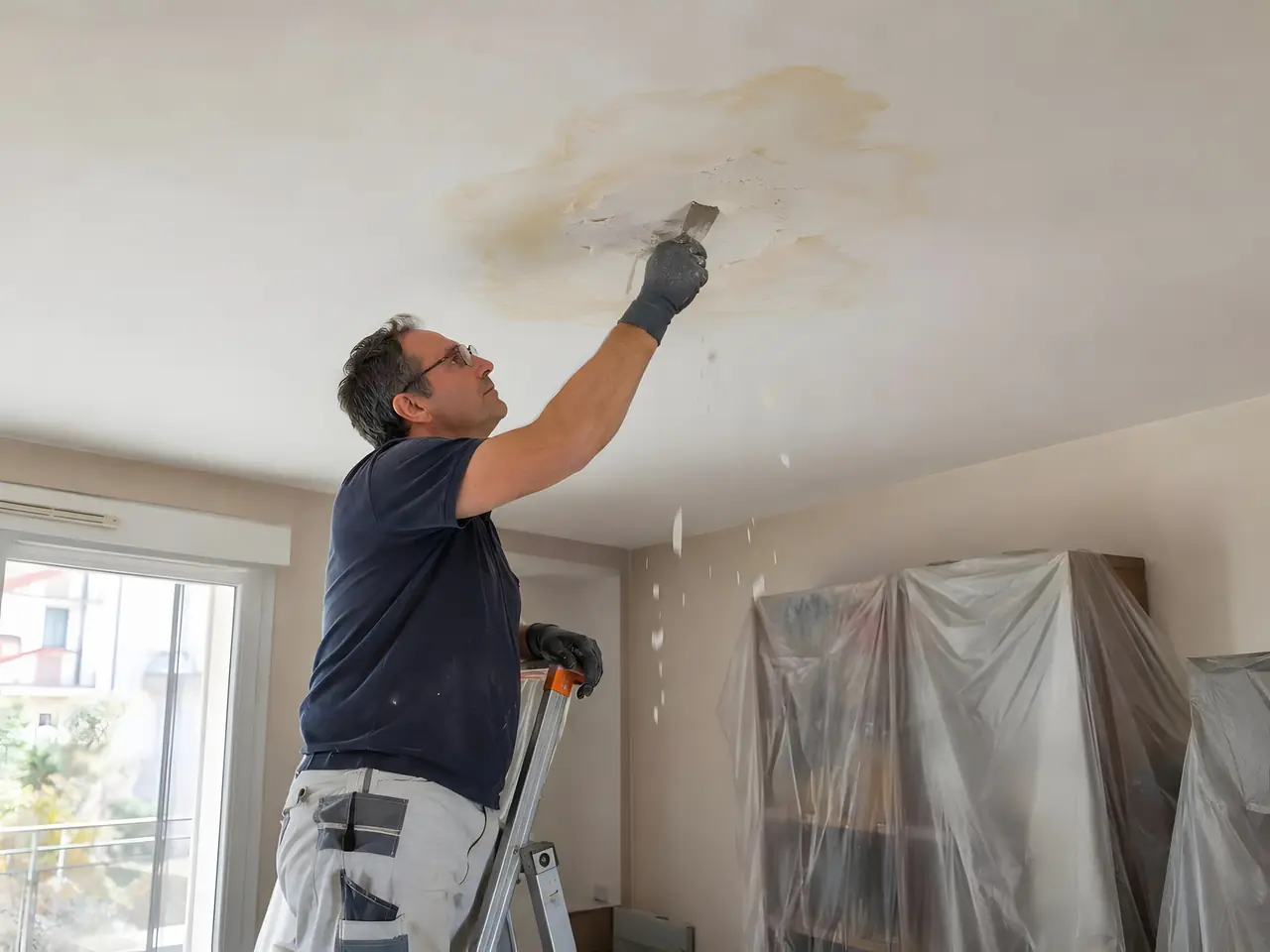 Peintre sur un escabeau qui gratte au couteau une large auréole jaune au plafond, les meubles protégés sous des bâches