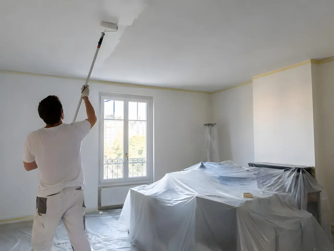 Peintre qui passe le rouleau à long manche sur le plafond d’un séjour, les meubles regroupés au centre sous des bâches