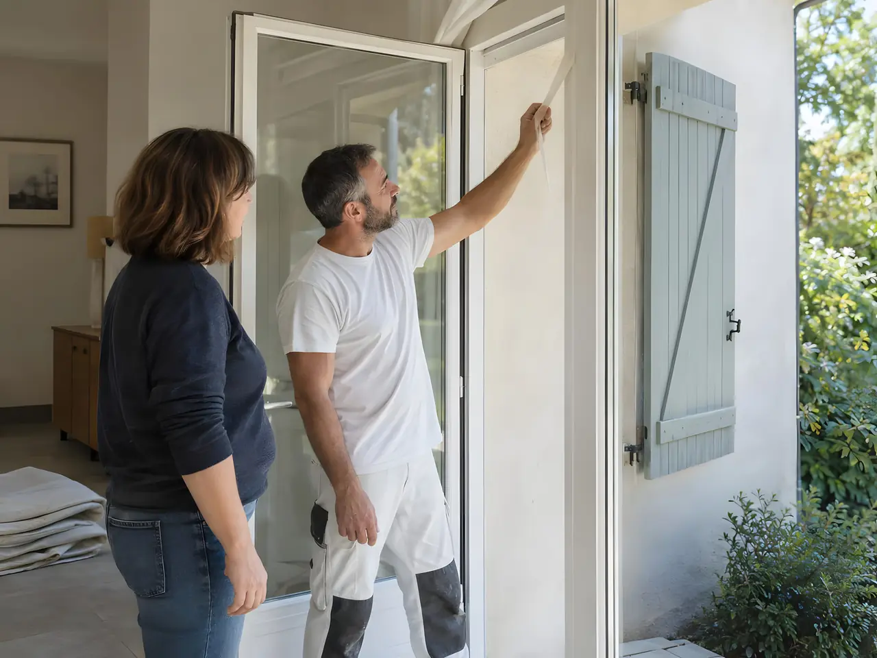 Peintre qui retire le ruban de masquage d’une porte-fenêtre blanche fraîchement peinte, sous le regard de la propriétaire