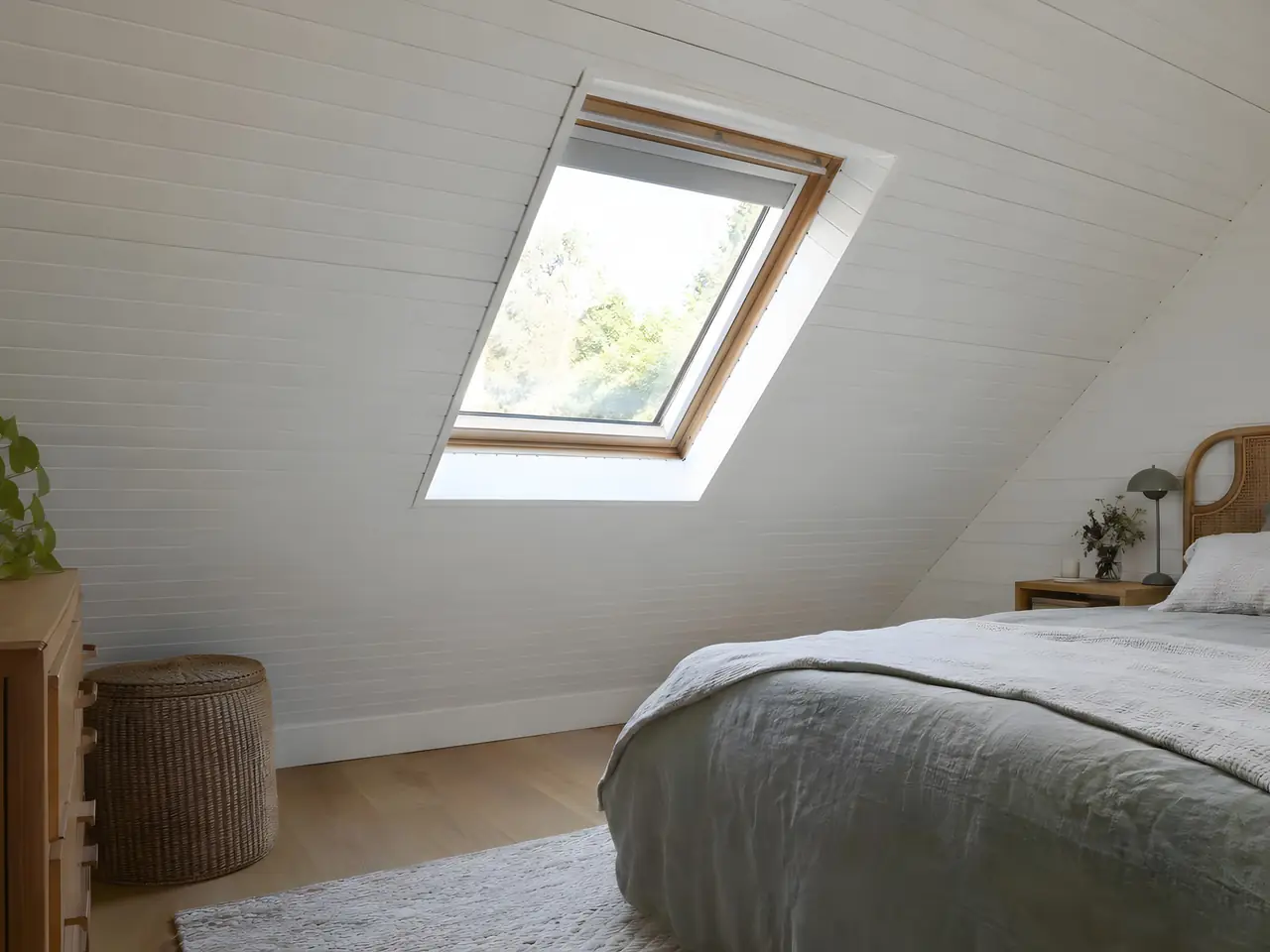 Chambre sous les toits au lambris peint en blanc, fenêtre de toit lumineuse au-dessus d’un lit au linge gris