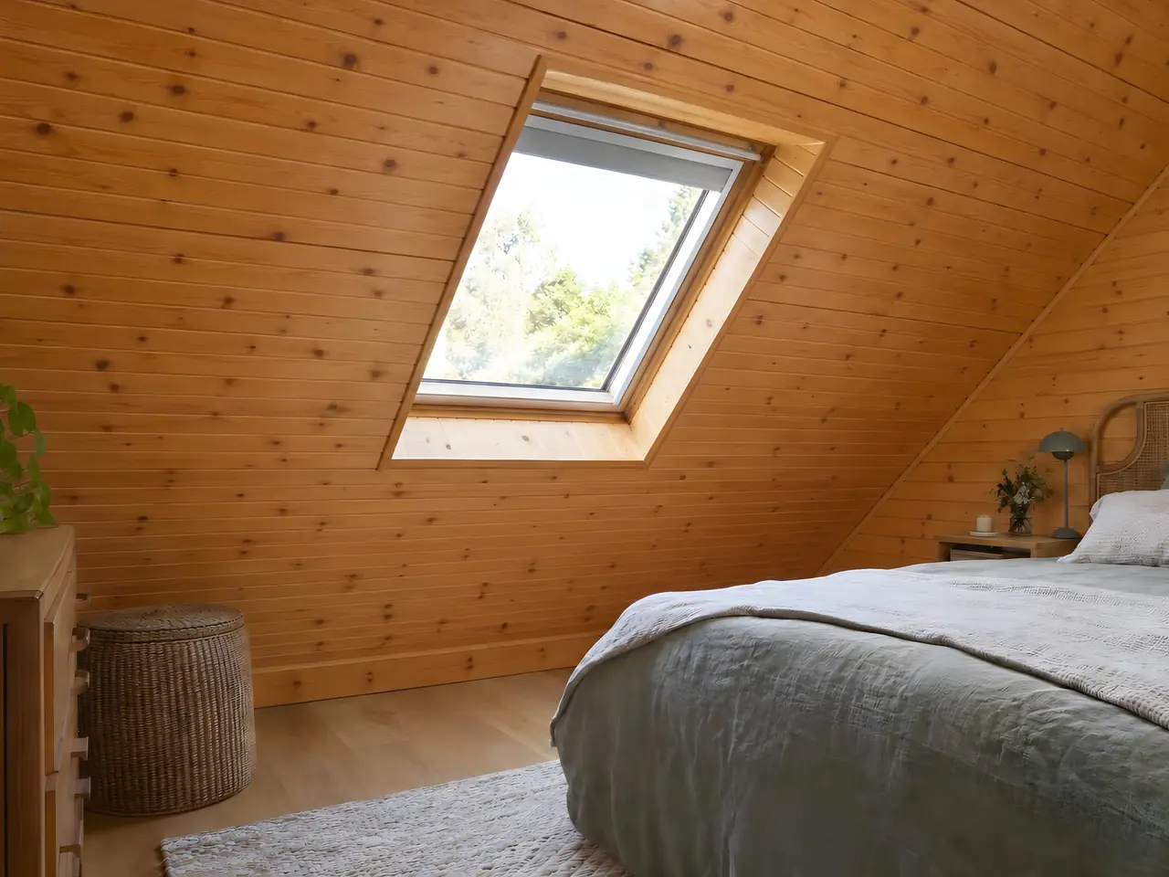 Chambre sous les toits entièrement lambrissée de pin verni orangé, avec une fenêtre de toit au-dessus du lit
