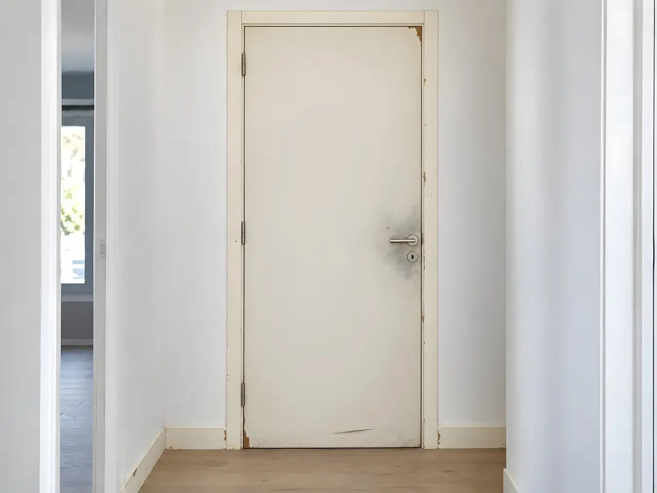 Porte de couloir d’un blanc jauni, traces grises autour de la poignée, angle écaillé et éraflure noire en bas