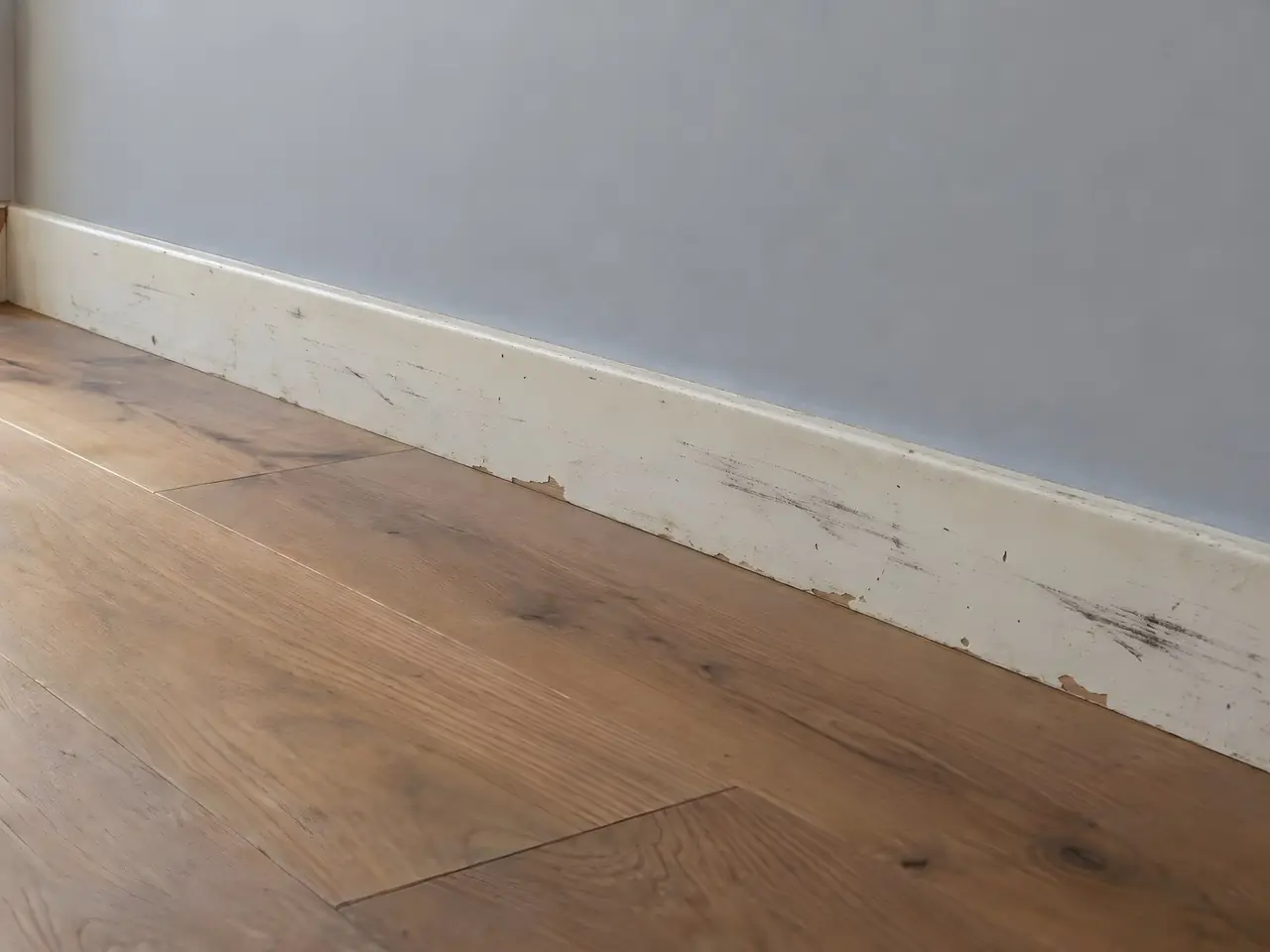 Plinthe blanche jaunie, écaillée jusqu’au bois et rayée d’éraflures noires, au pied d’un mur gris sur parquet en chêne