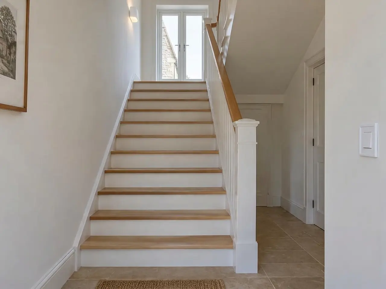 Escalier droit aux contremarches, barreaux et poteau laqués blanc, marches et main courante en bois clair