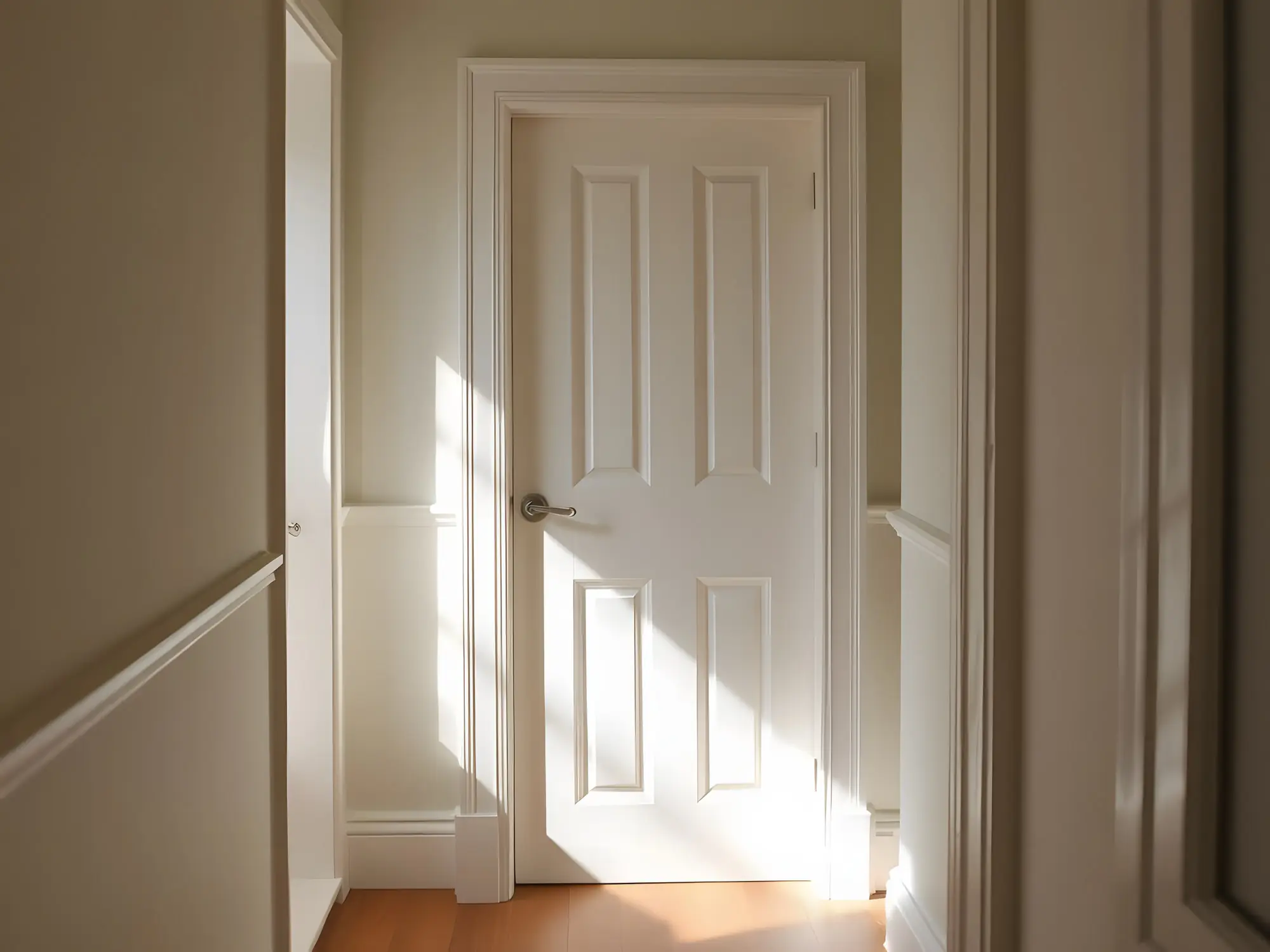 Porte moulurée à quatre panneaux, encadrement et plinthes laqués en blanc dans un couloir ensoleillé