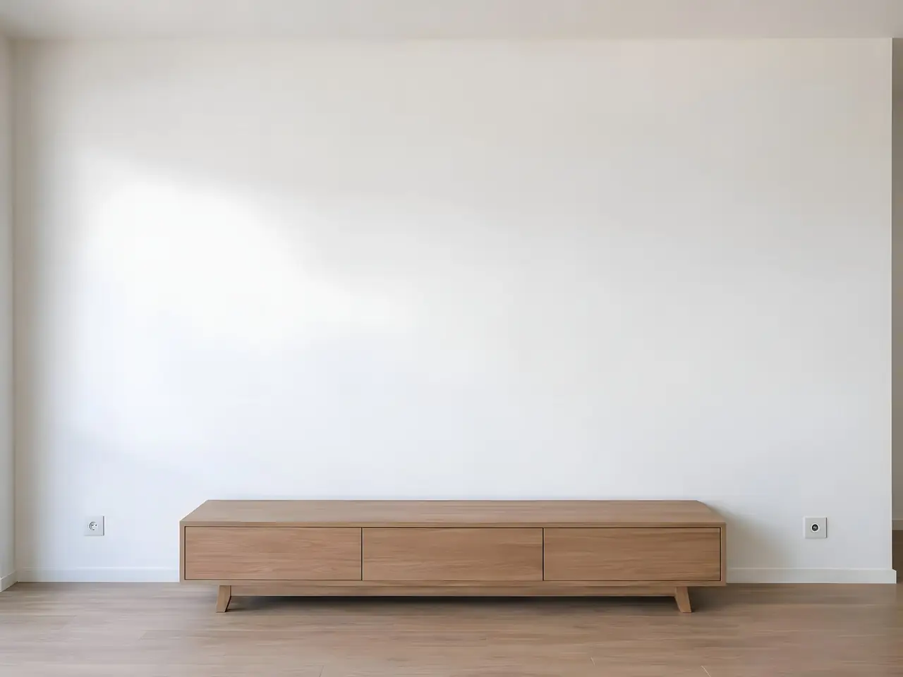 Mur blanc de séjour lisse et uniforme au-dessus d’un meuble bas en bois vide, deux prises au ras du parquet