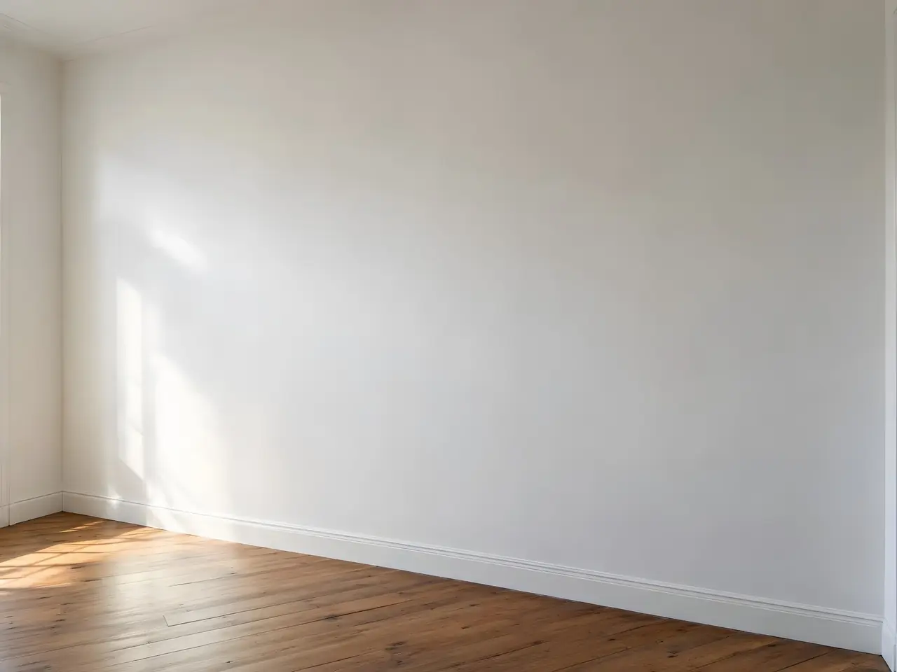 Mur de chambre ancien peint en blanc mat, plan et lisse sous la lumière rasante, au-dessus d’un vieux parquet
