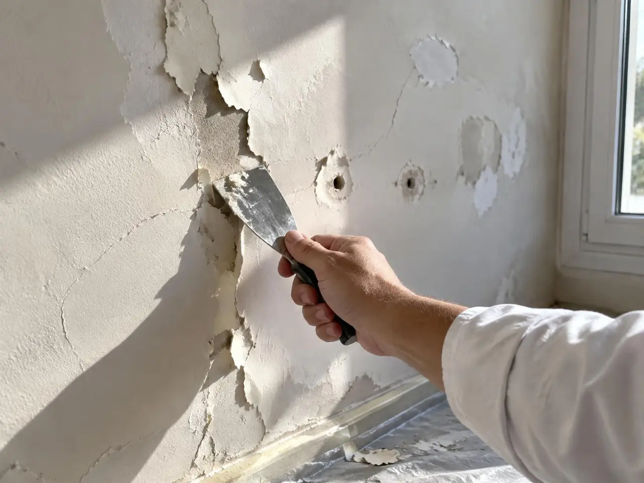 Main qui gratte au couteau une vieille peinture blanche partie en écailles, à côté de deux trous de chevilles