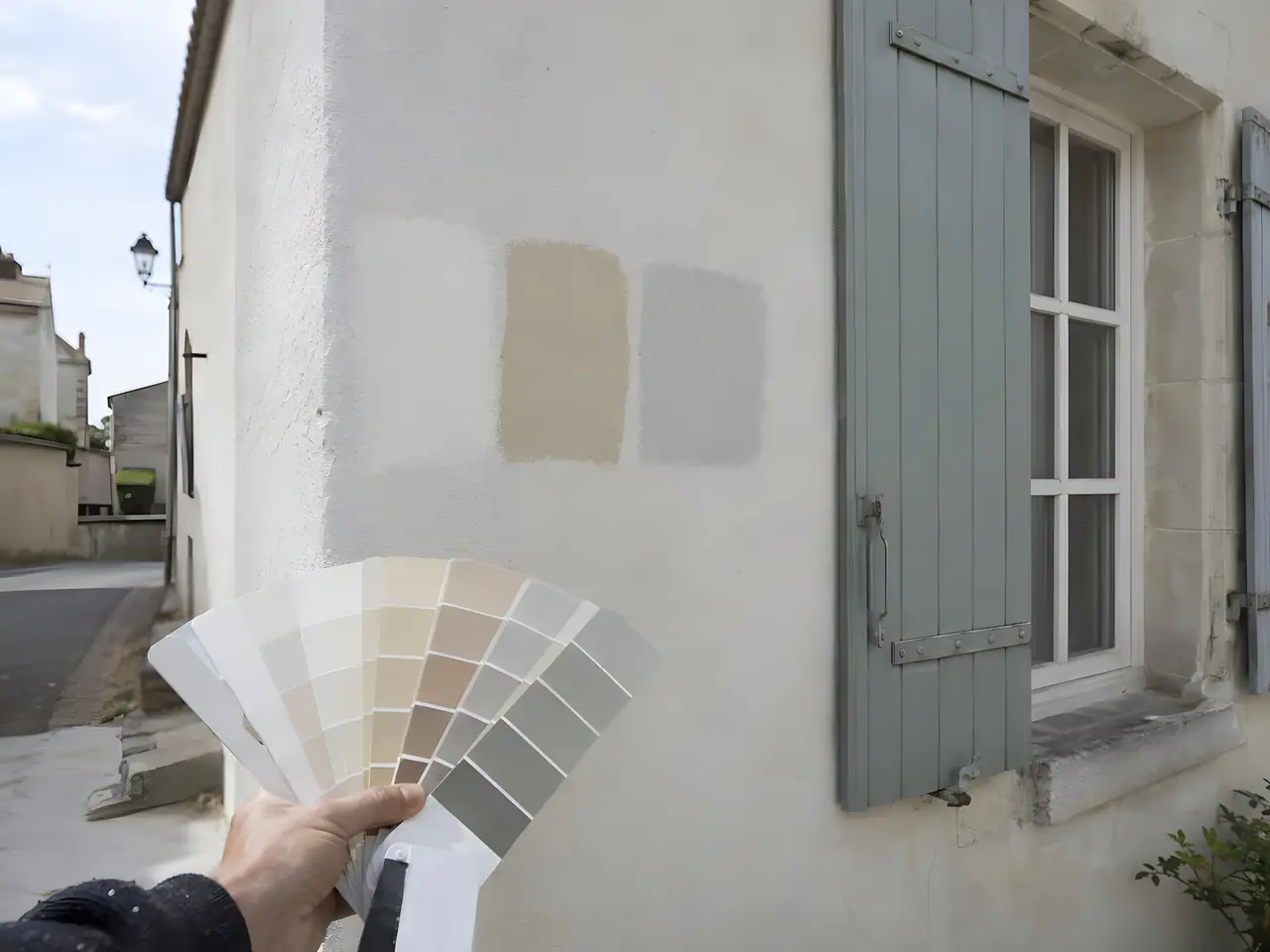 Nuancier tenu en éventail devant trois carrés d’essai de teinte peints sur une façade claire, près d’un volet gris-bleu
