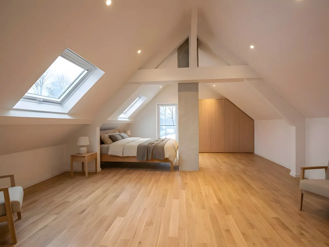 Le même comble devenu une grande chambre : pentes blanches, fenêtres de toit habillées, placard sous la pente
