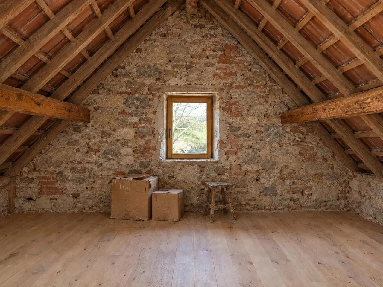 Pignon de grenier en pierres et briques mêlées autour d’une petite fenêtre en bois, chevrons et tuiles visibles