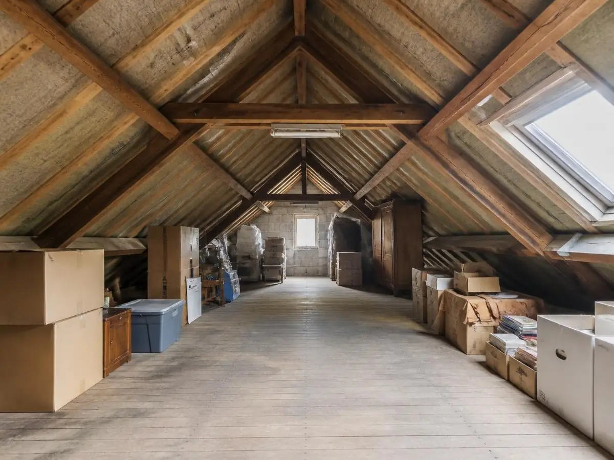 Grenier brut sous une charpente en bois, plancher de planches, fenêtre de toit, cartons rangés le long des pentes